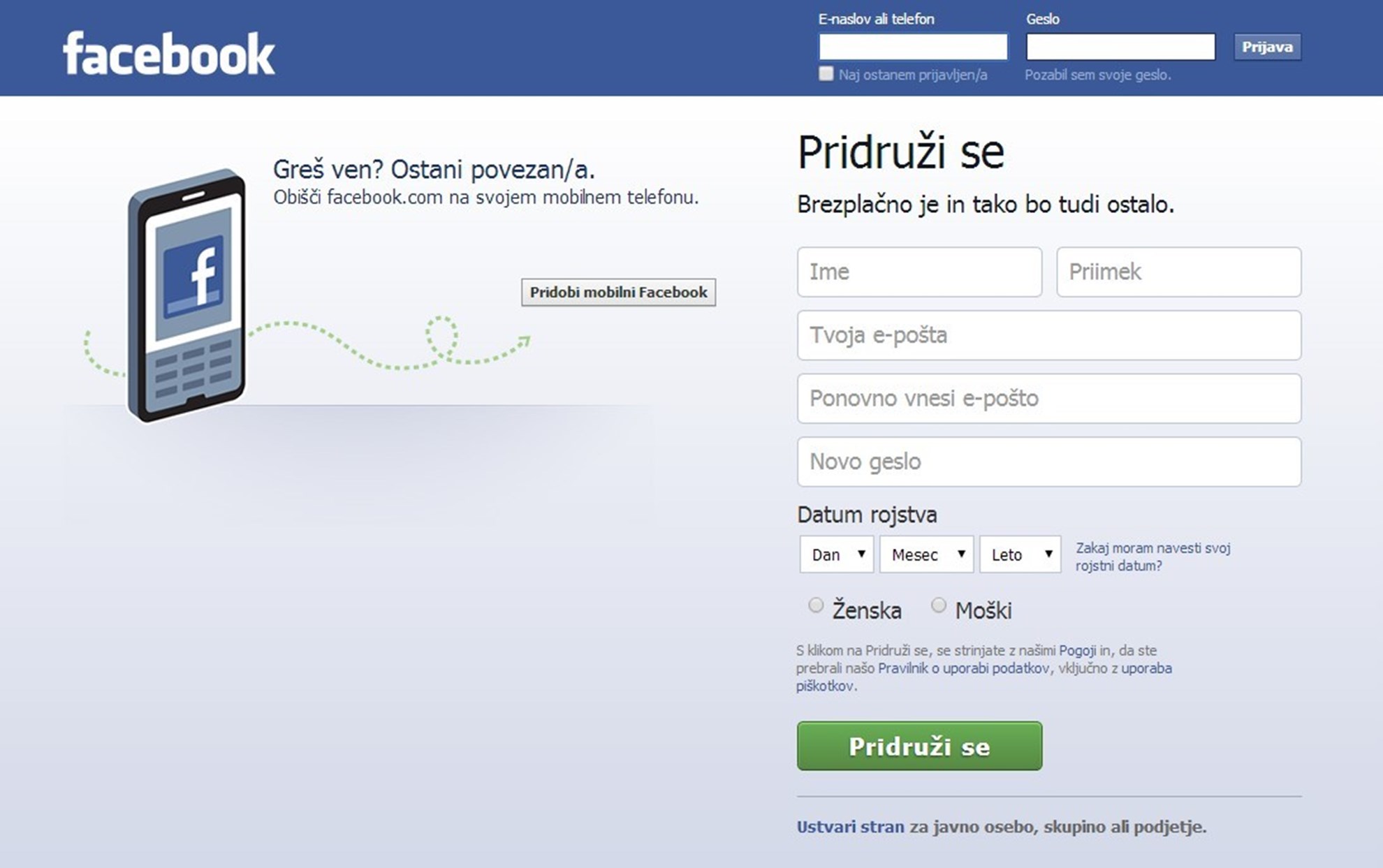 Registracija na Facebook